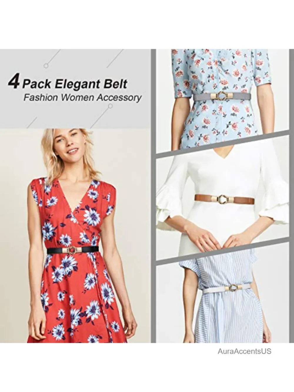 Stretchy Skinny Waist Belt with Gold Buckle Set of 4 Dresses Retro